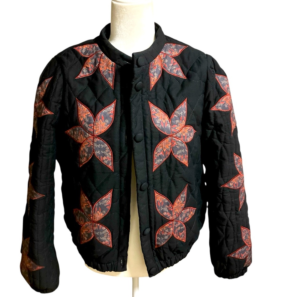 Black Quilted Jacket with Red Floral Star Pattern